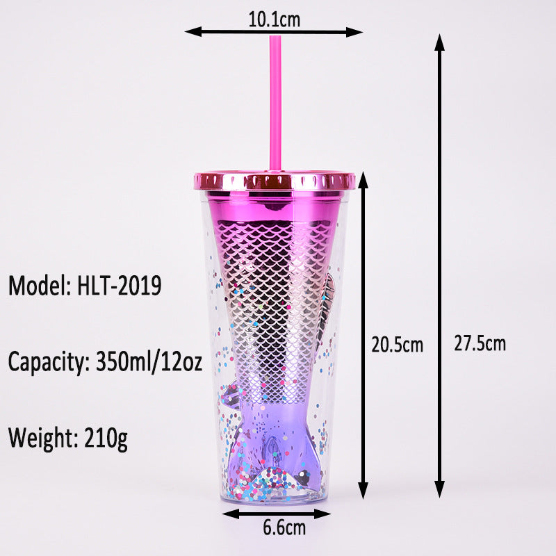 Wholesale Double-layer Plastic Cup Creative Gradient Mermaid Tail Colorful Sequin Straw Water Cup